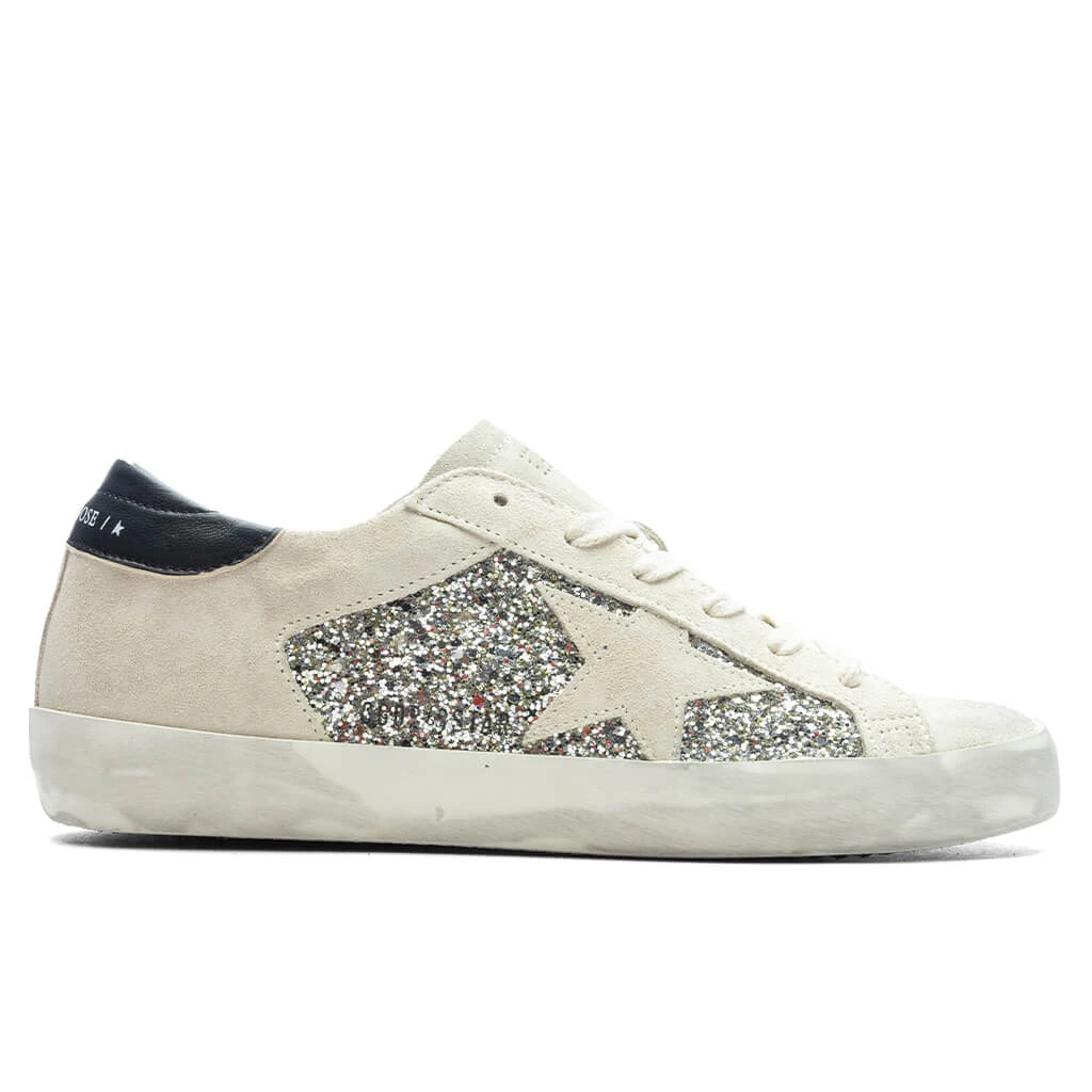 Golden Goose Women's Glitter Suede Super Star - Platinum/Beige/Black 1 Golden Goose Women's Glitter Suede Super Star - Platinum/Beige/Black